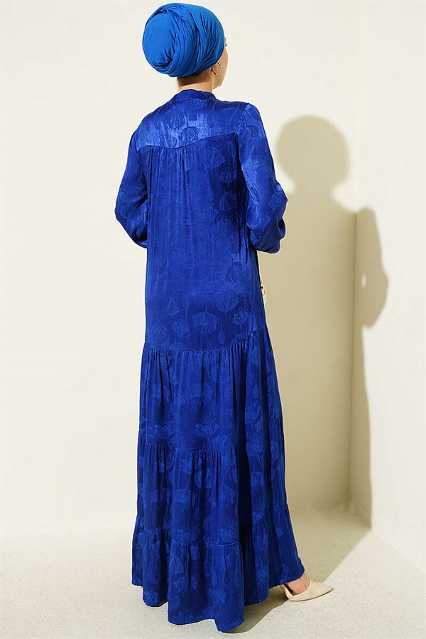 Buttoned Silk Satin Dress (Navy Blue)