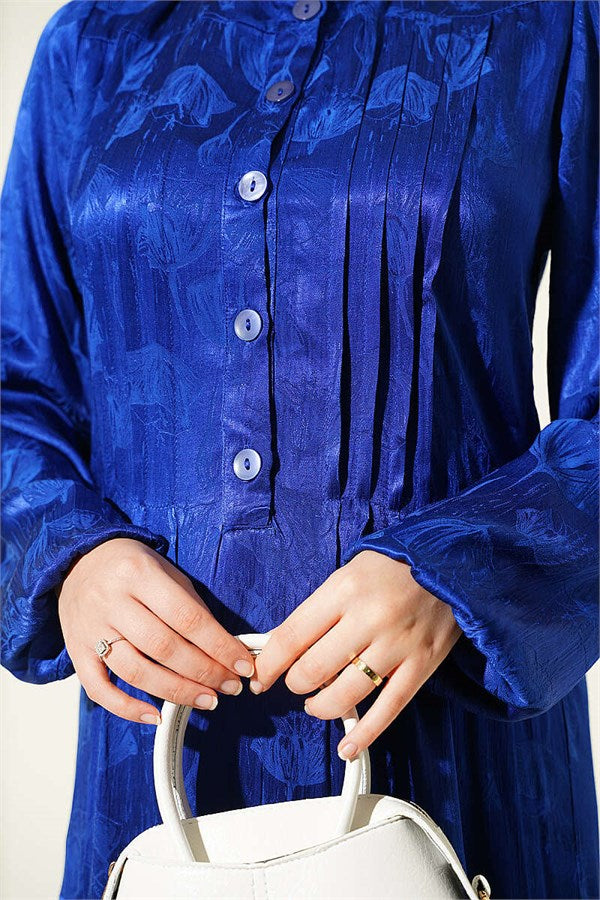 Buttoned Silk Satin Dress (Navy Blue)