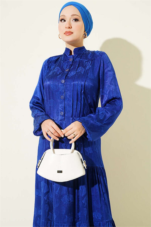 Buttoned Silk Satin Dress (Navy Blue)