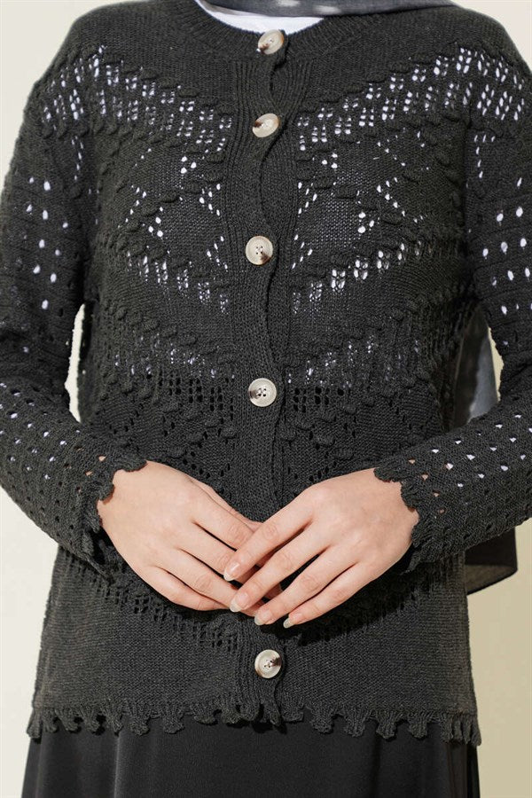 Short Openwork Cardigan with Buttoned Embossed Detail, Smoke Grey