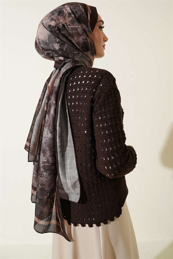 Short Openwork Cardigan with Buttoned Embossed Detail, Brown