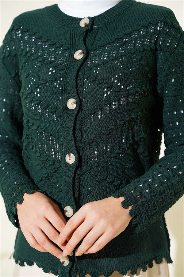 Short Openwork Cardigan with Buttoned Embossed Detail, Emerald Green