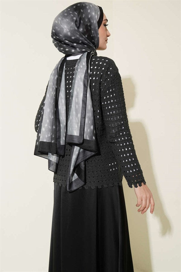 Short Openwork Cardigan with Buttoned Embossed Detail, Smoke Grey