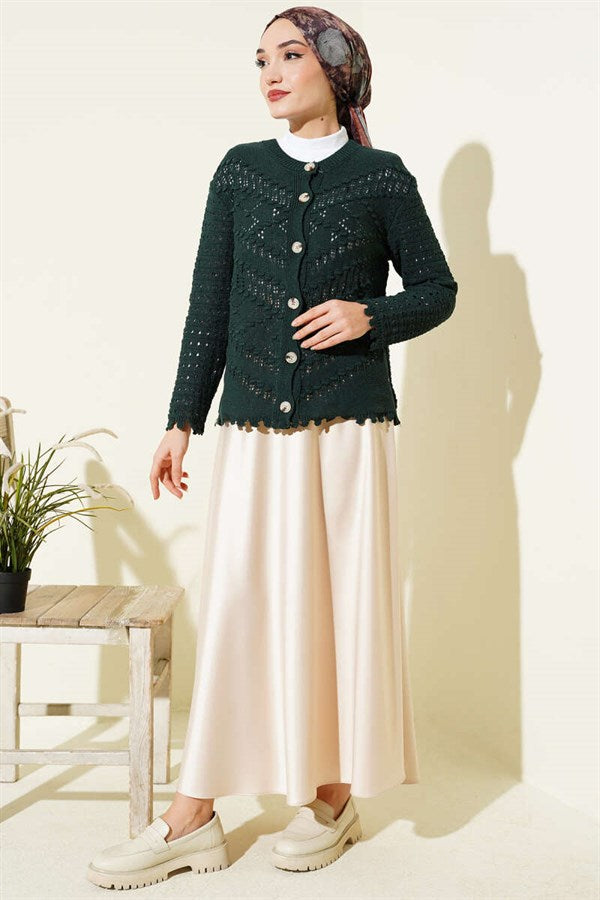 Short Openwork Cardigan with Buttoned Embossed Detail, Emerald Green
