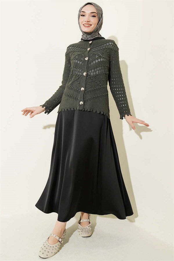 Buttoned Embossed Short Openwork Cardigan, Dark Green