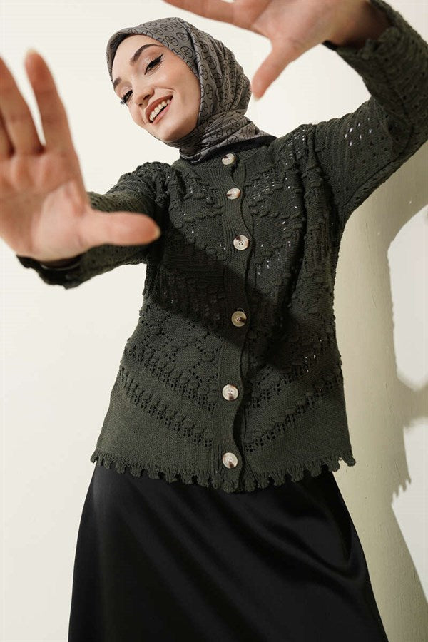 Buttoned Embossed Short Openwork Cardigan, Dark Green
