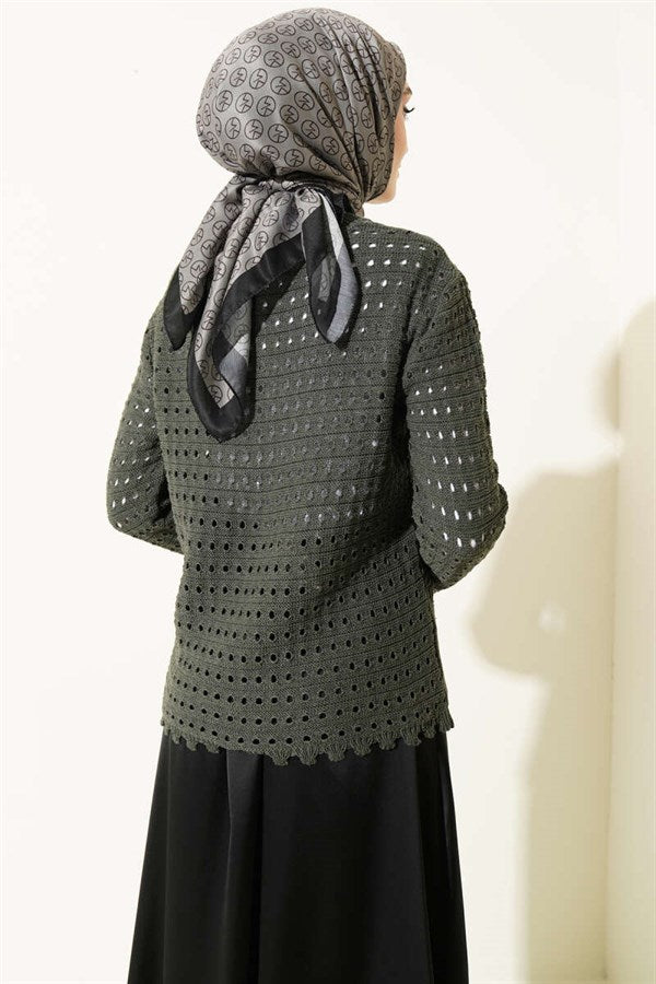 Buttoned Embossed Short Openwork Cardigan, Dark Green