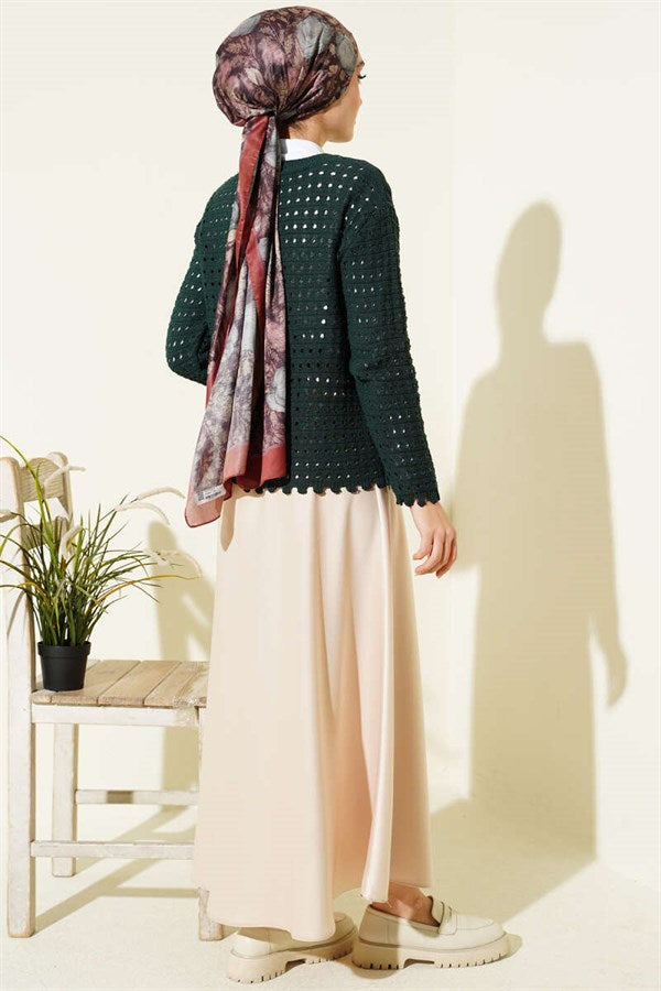 Short Openwork Cardigan with Buttoned Embossed Detail, Emerald Green