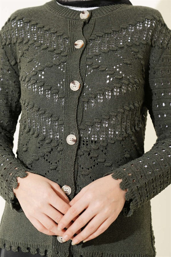 Buttoned Embossed Short Openwork Cardigan, Dark Green
