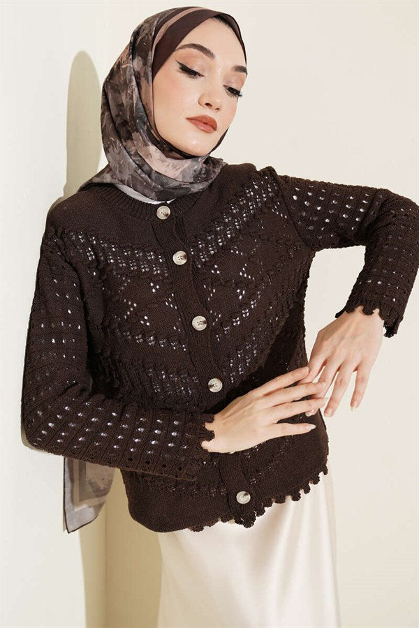 Short Openwork Cardigan with Buttoned Embossed Detail, Brown