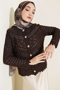 Short Openwork Cardigan with Buttoned Embossed Detail, Brown