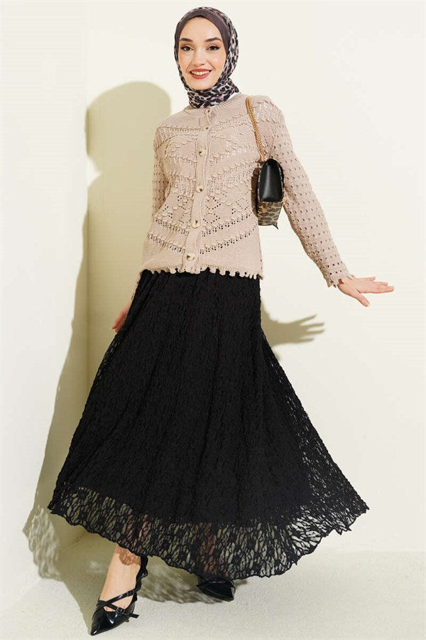 Short Openwork Cardigan with Buttoned Embossed Detail, Mink Color