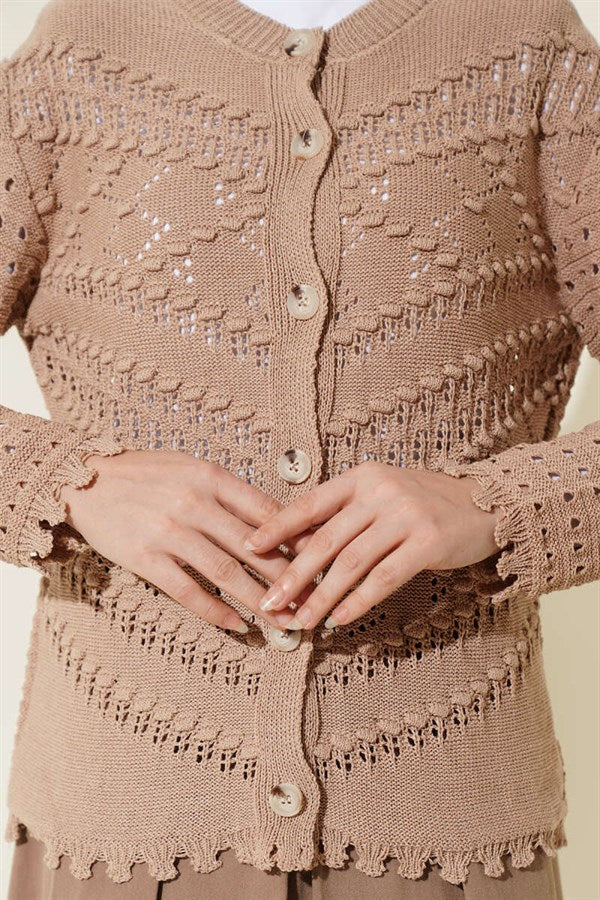 Short Openwork Cardigan with Buttoned Embossed Detail Latte