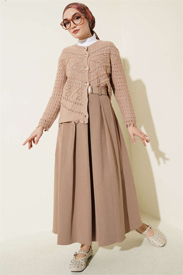 Short Openwork Cardigan with Buttoned Embossed Detail Latte