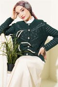 Short Openwork Cardigan with Buttoned Embossed Detail, Emerald Green
