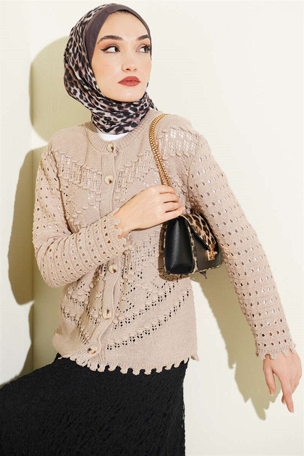 Short Openwork Cardigan with Buttoned Embossed Detail, Mink Color