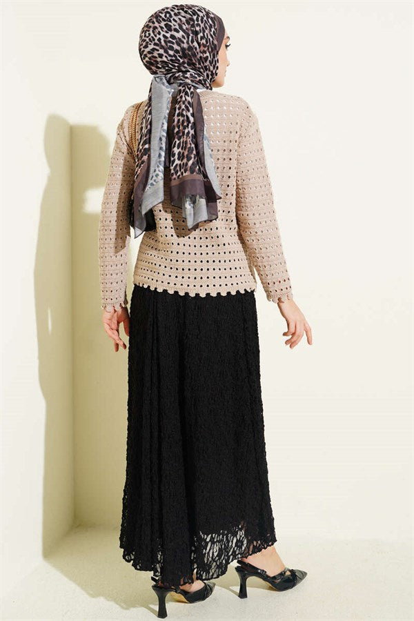 Short Openwork Cardigan with Buttoned Embossed Detail, Mink Color