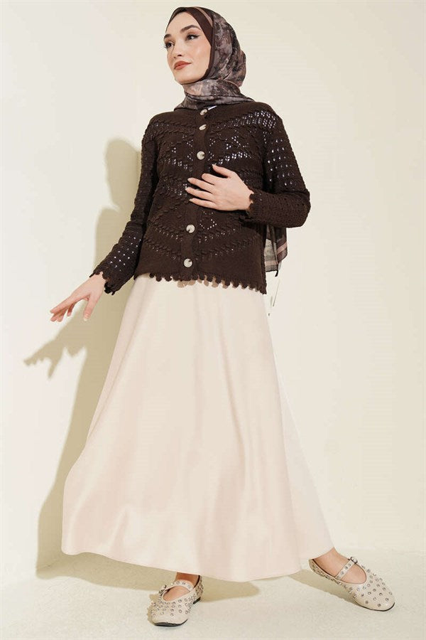 Short Openwork Cardigan with Buttoned Embossed Detail, Brown