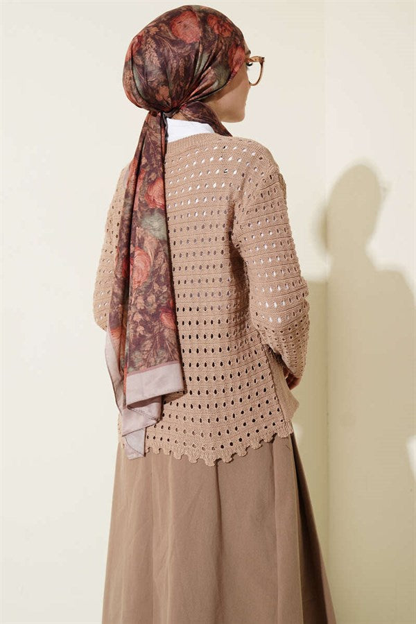 Short Openwork Cardigan with Buttoned Embossed Detail Latte