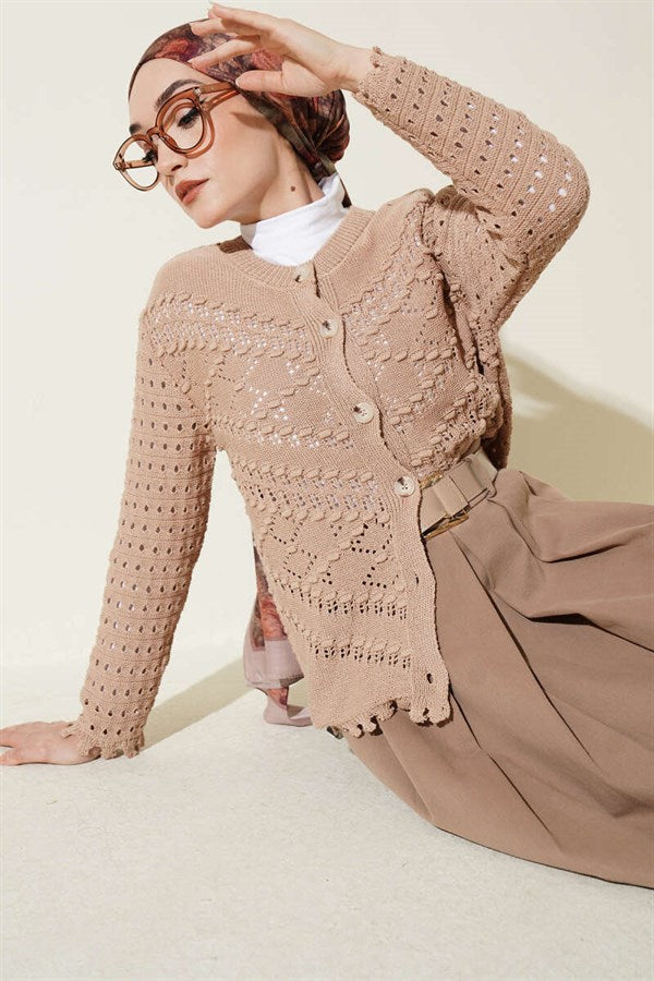 Short Openwork Cardigan with Buttoned Embossed Detail Latte