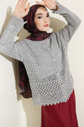 Buttoned Embossed Short Knit Cardigan Grey
