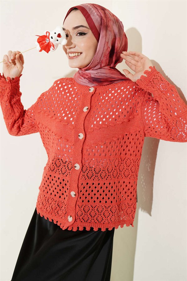 Buttoned Embossed Short Knit Cardigan, Coral