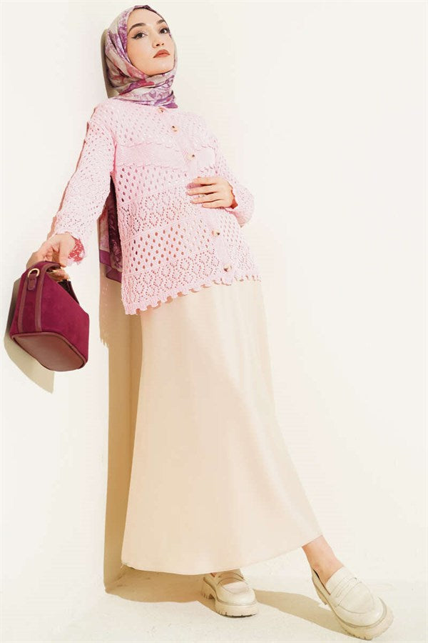 Buttoned Embossed Short Knit Cardigan Pink