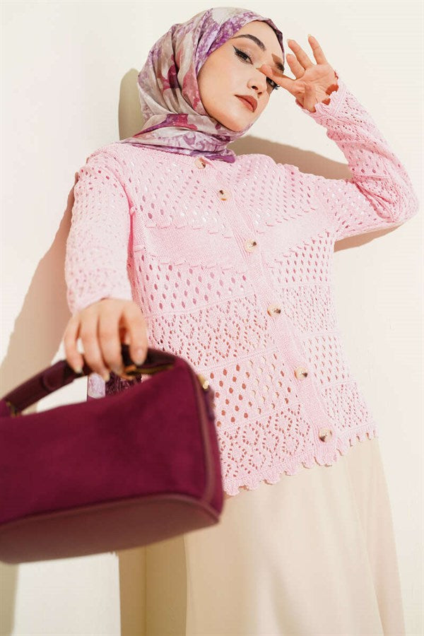 Buttoned Embossed Short Knit Cardigan Pink