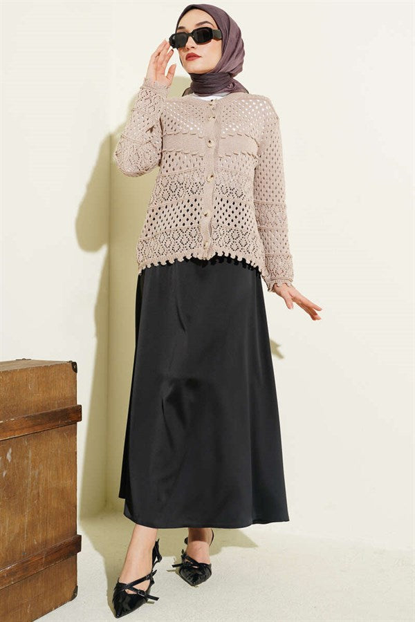 Buttoned Embossed Short Knit Cardigan, Mink Color