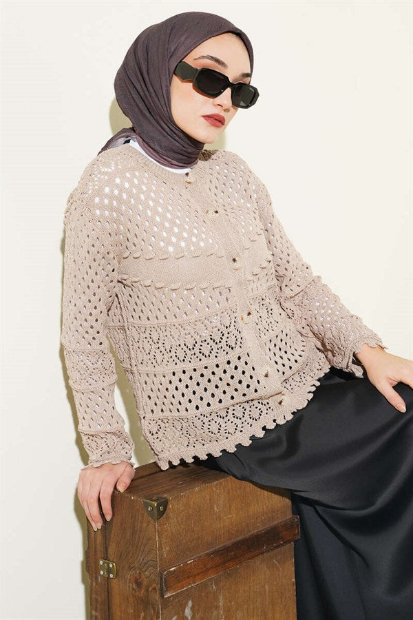 Buttoned Embossed Short Knit Cardigan, Mink Color