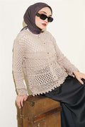 Buttoned Embossed Short Knit Cardigan, Mink Color