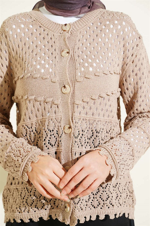 Buttoned Embossed Short Knit Cardigan, Mink Color