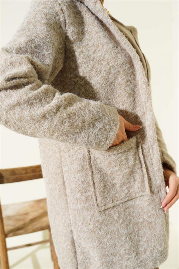 Buttoned Hooded Boucle Cardigan Mink