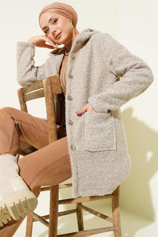 Buttoned Hooded Boucle Cardigan Mink