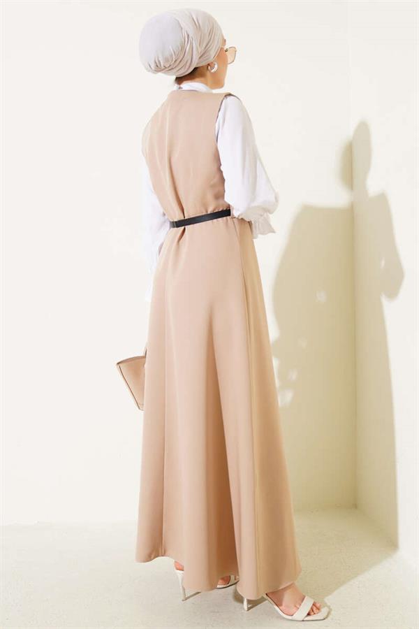 Buttoned Belted Vest Dress Beige