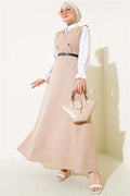 Buttoned Belted Vest Dress Beige