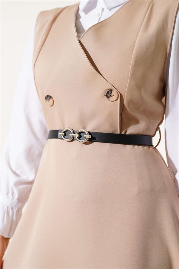Buttoned Belted Vest Dress Beige