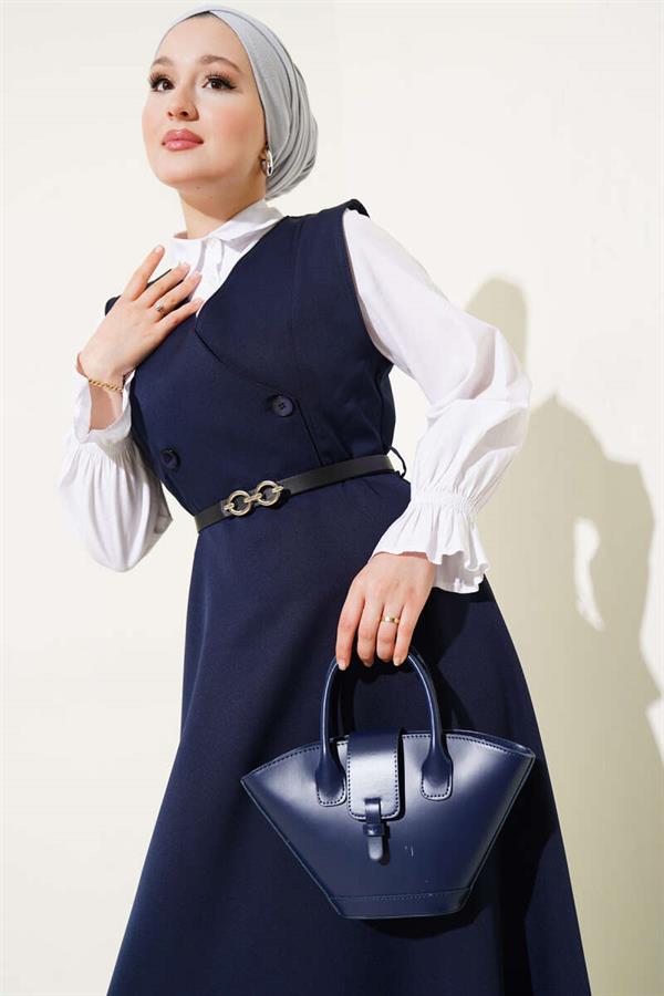 Buttoned Belted Vest Dress Navy Blue