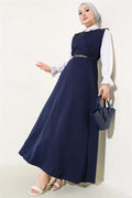 Buttoned Belted Vest Dress Navy Blue