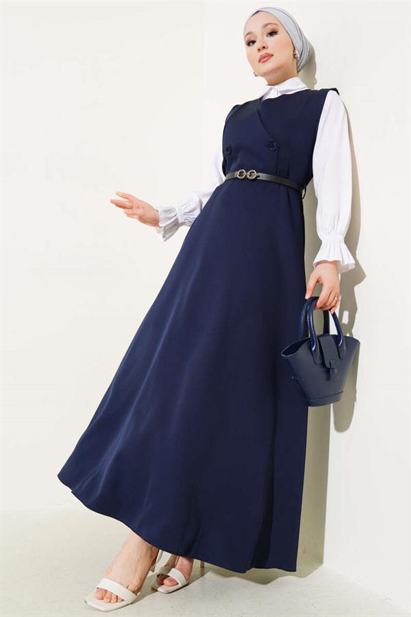 Buttoned Belted Vest Dress Navy Blue