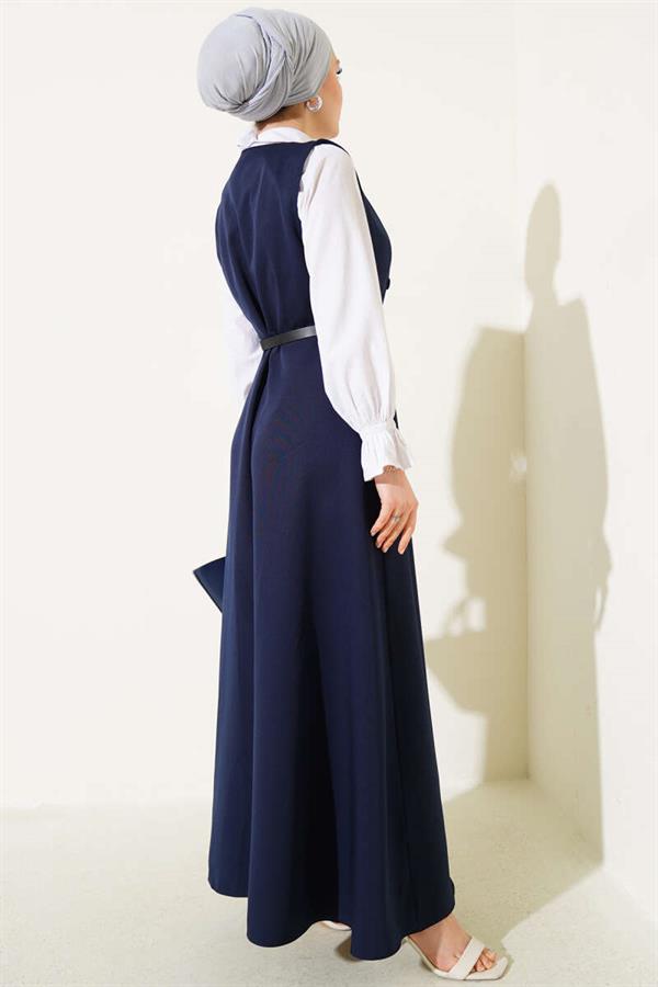 Buttoned Belted Vest Dress Navy Blue
