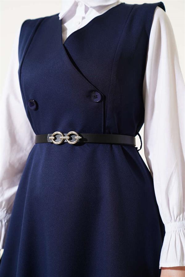 Buttoned Belted Vest Dress Navy Blue