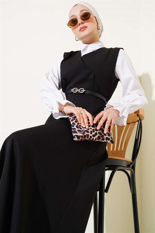 Buttoned Belted Vest Dress Black