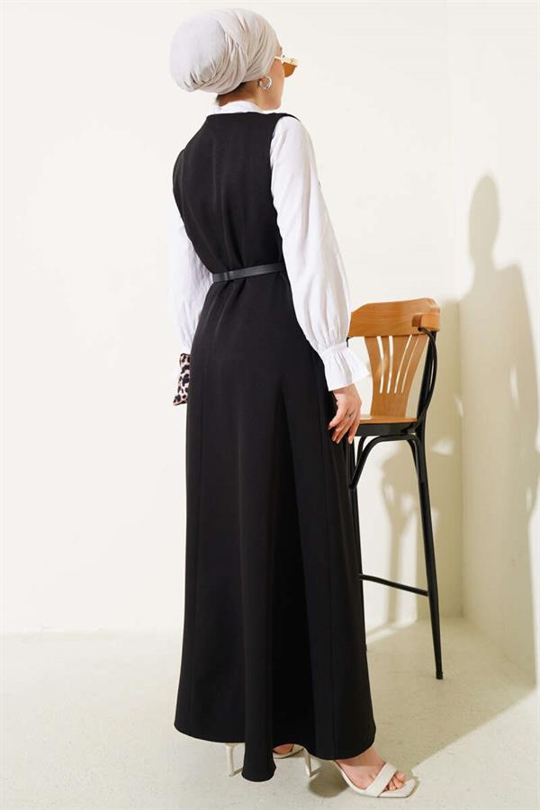 Buttoned Belted Vest Dress Black