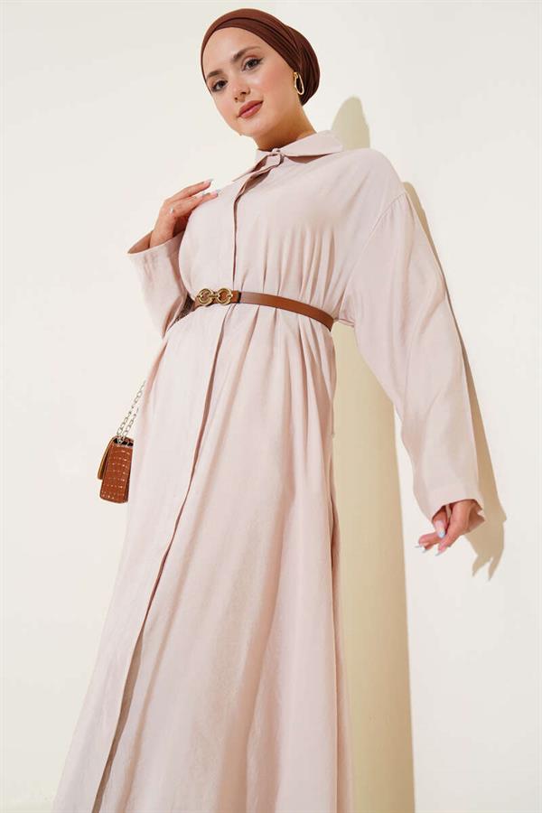 Buttoned Belted Long Tunic Beige