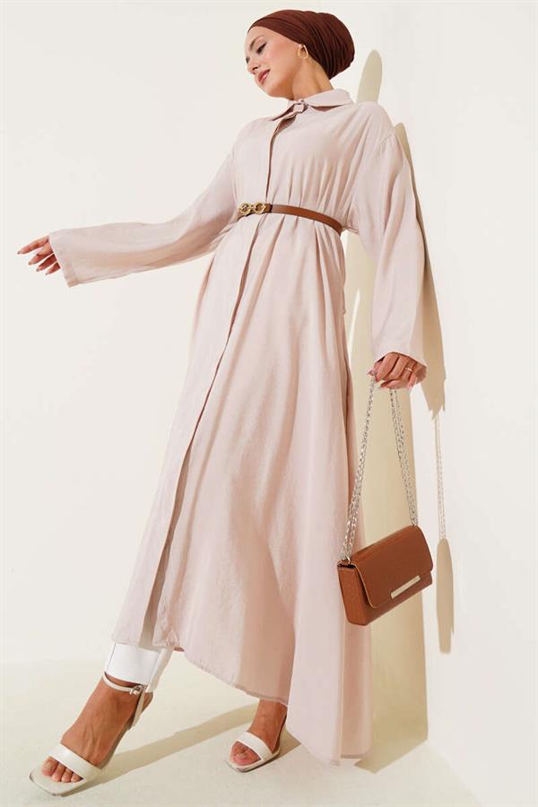 Buttoned Belted Long Tunic Beige