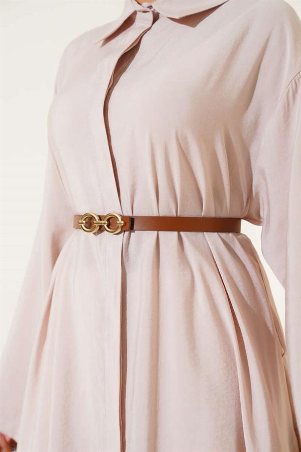 Buttoned Belted Long Tunic Beige