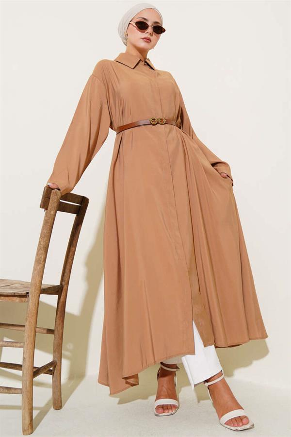 Buttoned Belted Long Tunic Camel