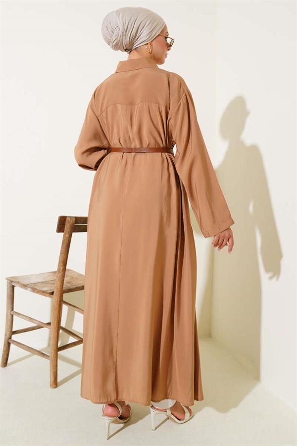 Buttoned Belted Long Tunic Camel
