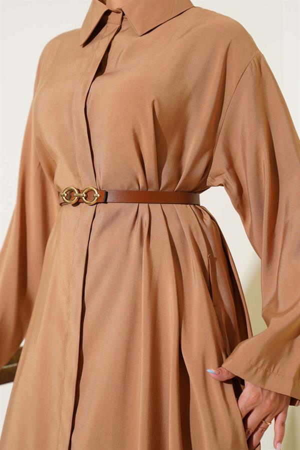 Buttoned Belted Long Tunic Camel